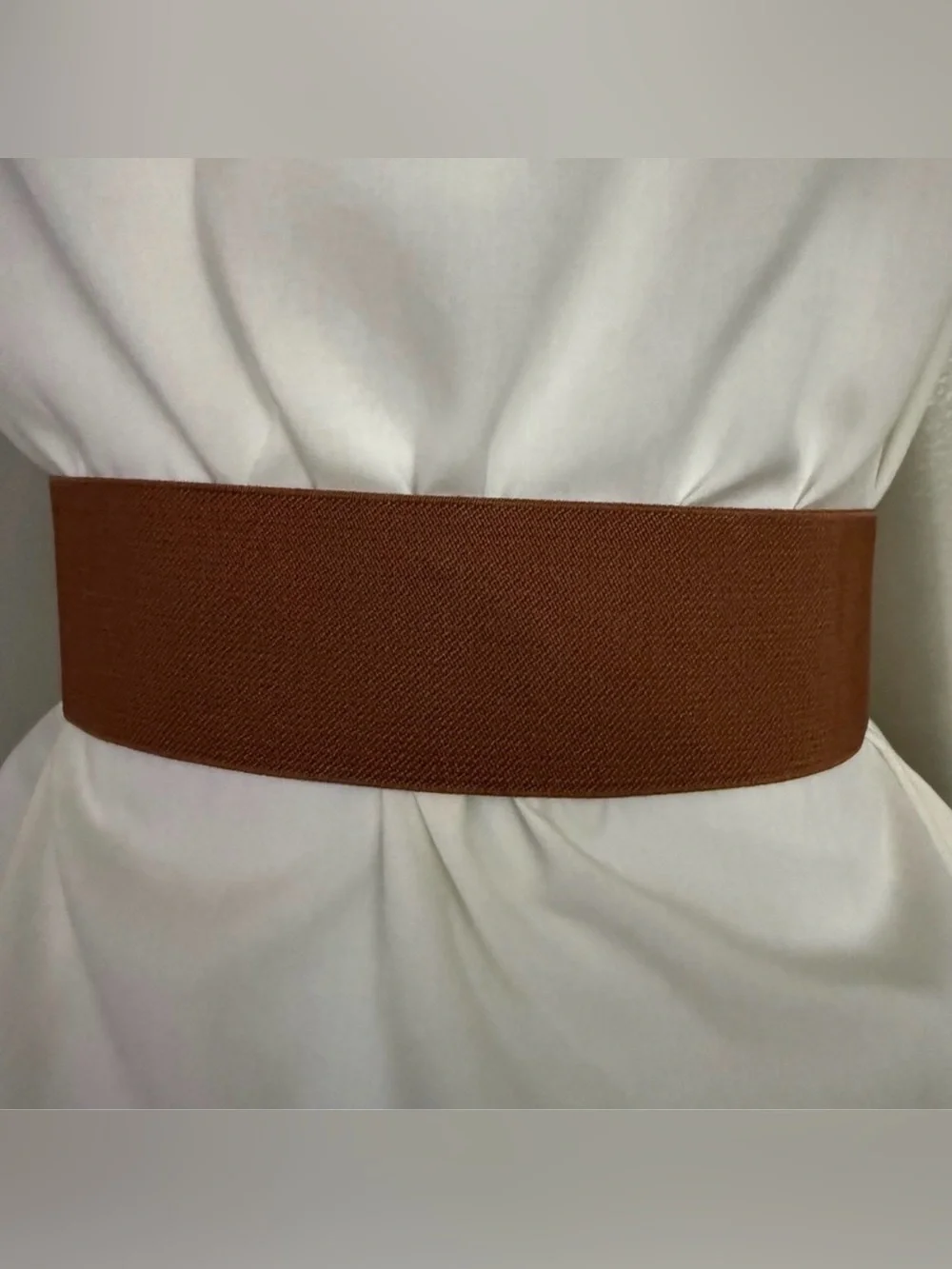 Brown PU leather elastic waistband belt with gold tone buckle